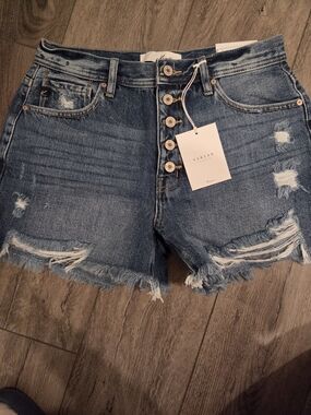 KanCan Distressed High-Rise Button-Fly Denim Shorts - Blue